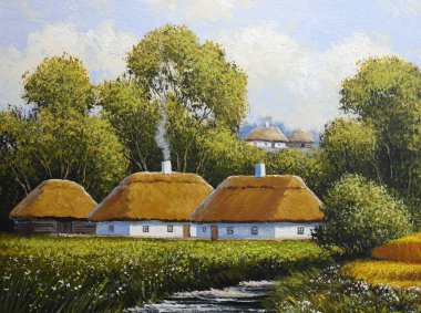 Eski Ukrayna köyünün güzel bir tablosu. Manzarası, nehri ve kulübeleri var.