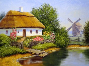 beautiful painting of old Ukrainian village with pastoral landscape, windmill and hut
