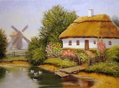 beautiful landscape of old Ukrainian village with pastoral nature, windmill and hut