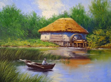 Pastoral tarlaları ve kulübeleri olan eski Ukrayna köyünün güzel manzarası. 