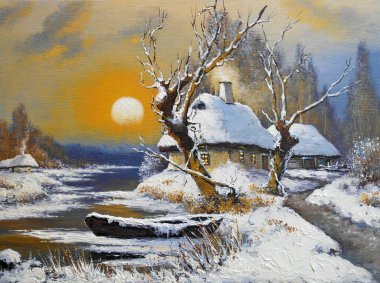 Resim, eski kış Köyü manzara