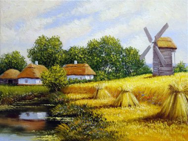 Pastoral tarlaları ve kulübeleri olan eski Ukrayna köyünün güzel manzarası. 