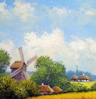 Pastoral tarlaları ve kulübeleri olan eski Ukrayna köyünün güzel manzarası. 