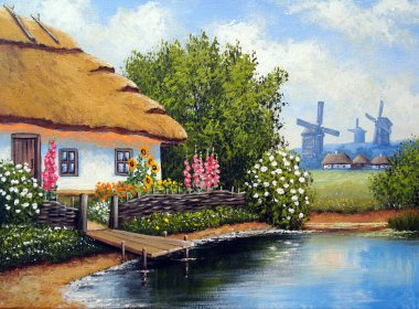 beautiful painting of old Ukrainian village with pastoral landscape, windmills and huts