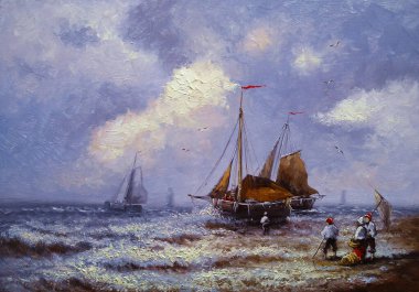 Deniz manzaralı yağlı boya tabloları, kıyıda eski balıkçı tekneleri klasik sanat eserleri, limanda yelkenli gemileri. Güzel sanatlar, sanat eserleri