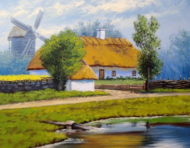 Pastoral tarlaları ve kulübeleri olan eski Ukrayna köyünün güzel manzarası. 