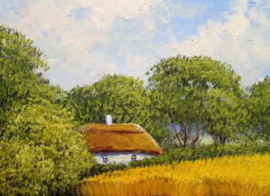 Pastoral tarlaları ve kulübesi olan eski Ukrayna köyünün güzel manzarası.