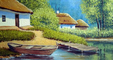 beautiful landscape of old Ukrainian village with pastoral fields and huts 