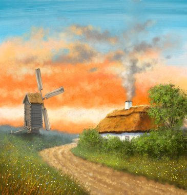 beautiful painting of old Ukrainian village with pastoral landscape, windmill and hut
