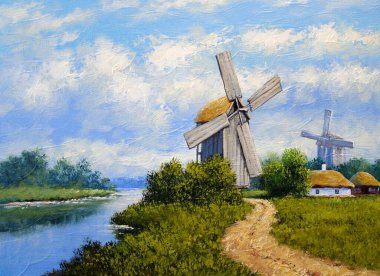 beautiful painting of old Ukrainian village with pastoral landscape, windmills, river and huts