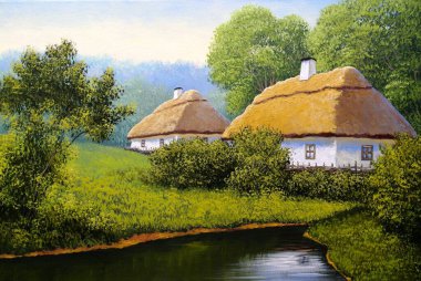 Pastoral tarlaları ve kulübeleri olan eski Ukrayna köyünün güzel manzarası. 