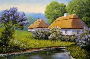 beautiful landscape of old Ukrainian village with pastoral fields and huts 