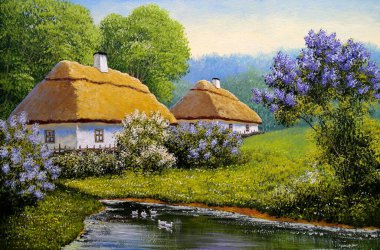 Pastoral tarlaları ve kulübeleri olan eski Ukrayna köyünün güzel manzarası. 