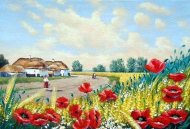 beautiful landscape with a bouquet of flowers and a red poppies