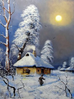 Resim, eski kış Köyü manzara