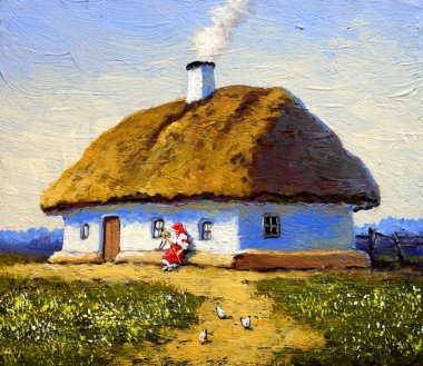 beautiful landscape of old Ukrainian village with pastoral fields and huts 
