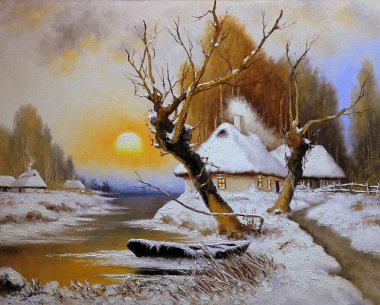 Resim, eski kış Köyü manzara