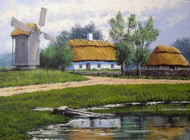 beautiful landscape of old Ukrainian village with pastoral fields and huts 