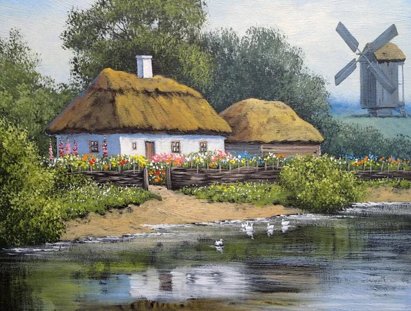 Beautiful Painting Old Ukrainian Village Pastoral Landscape Windmill River Huts — Photo