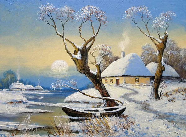 Pittura Paesaggio Del Vecchio Villaggio Invernale — Foto Stock