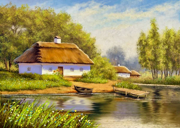 Beautiful Painting Old Ukrainian Village Pastoral Landscape River Huts — Zdjęcie stockowe