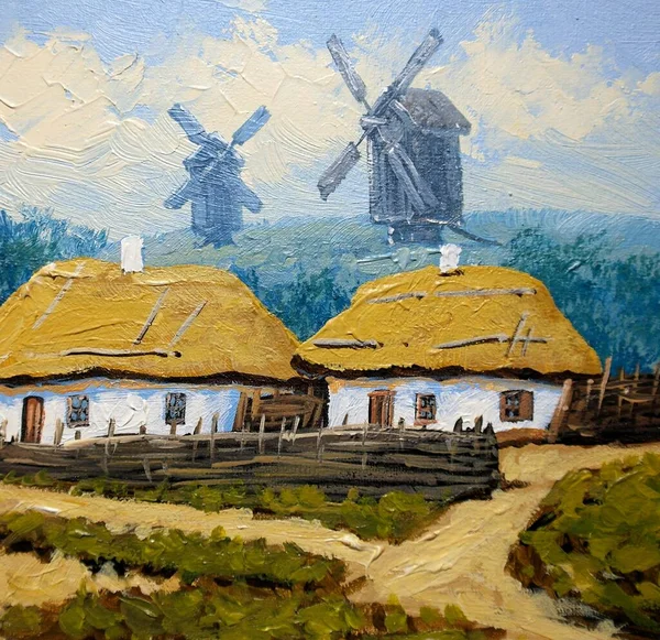 Beautiful Painting Old Ukrainian Village Pastoral Landscape Windmills Huts — Photo