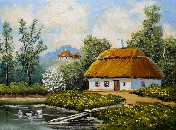 Beautiful Painting Old Ukrainian Village Pastoral Landscape River Huts — Fotografie, imagine de stoc