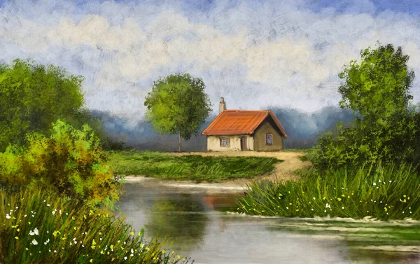 Beautiful Painting Old Ukrainian Village Pastoral Landscape River Hut —  Fotos de Stock