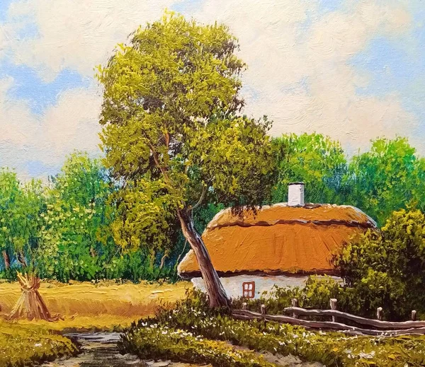 beautiful painting of old Ukrainian village with pastoral landscape and hut