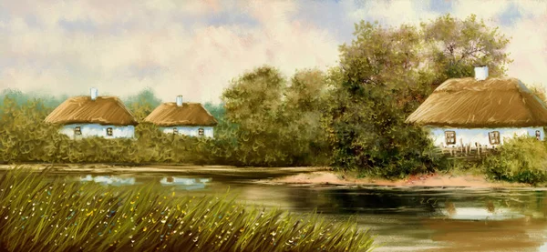 beautiful painting of old Ukrainian village with pastoral landscape, river and huts