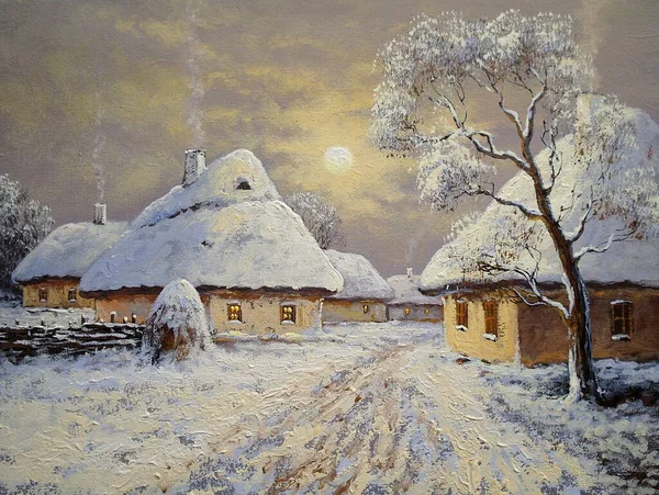 Pittura Paesaggio Del Vecchio Villaggio Invernale — Foto Stock