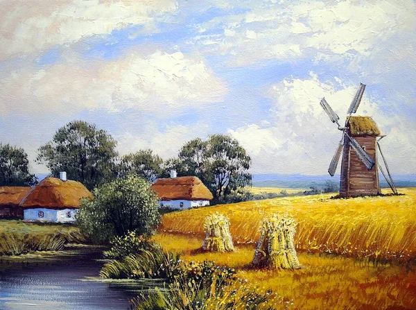 Beautiful Painting Old Ukrainian Village Pastoral Landscape Windmill River Huts — Photo