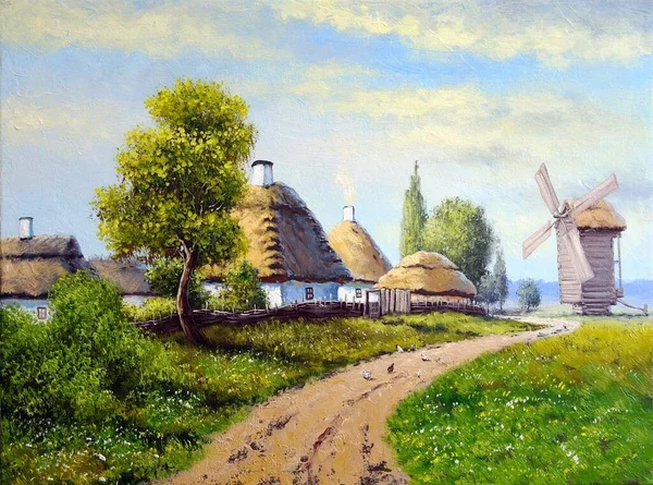 Beautiful Landscape Old Ukrainian Village Pastoral Fields Huts — Photo