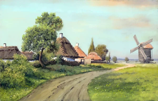 beautiful painting of old Ukrainian village with pastoral landscape, windmill and huts