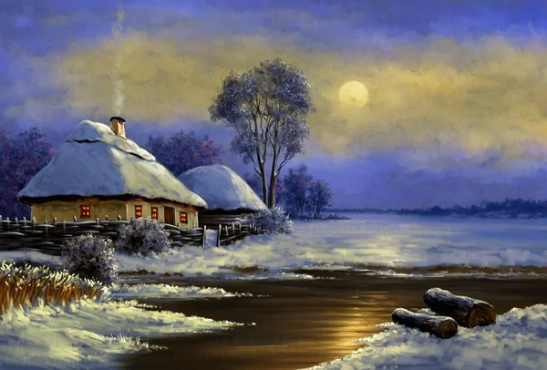 Painting, landscape of old winter village