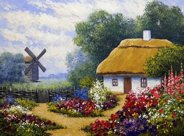 Beautiful Painting Old Ukrainian Village Pastoral Landscape Windmill Huts — стоковое фото