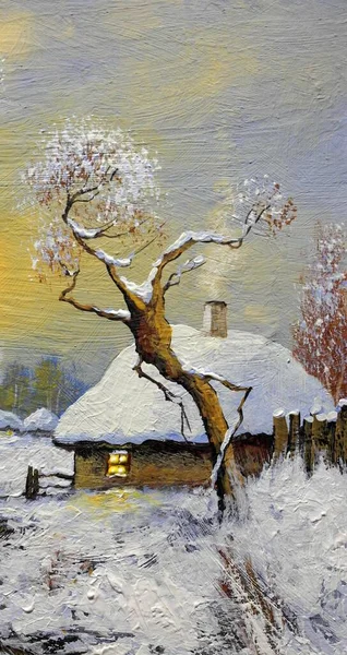 Painting Landscape Old Winter Village — Stock Photo, Image