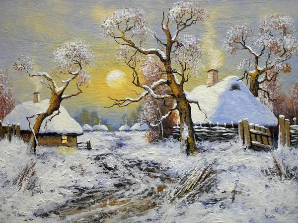 Malování Krajina Starých Zimní Vesnice — Stock fotografie