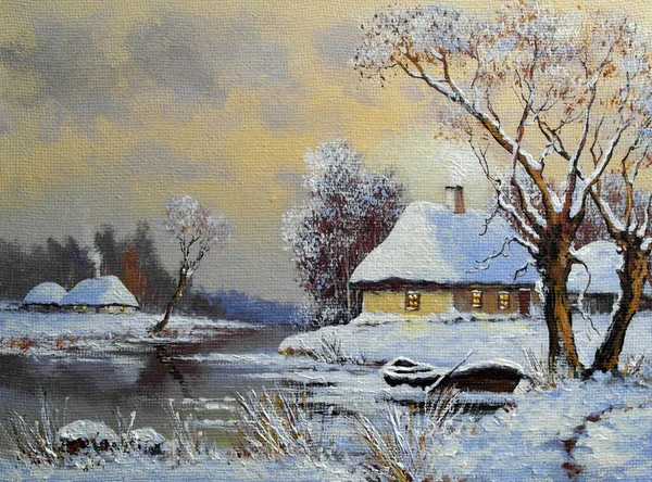 Pittura Paesaggio Del Vecchio Villaggio Invernale — Foto Stock