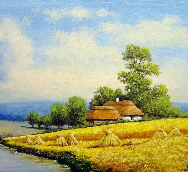 Beautiful Painting Old Ukrainian Village Pastoral Landscape River Huts — Φωτογραφία Αρχείου