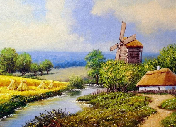 beautiful painting of old Ukrainian village with pastoral landscape, windmill, river and huts