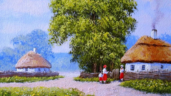 Beautiful Painting Old Ukrainian Village Pastoral Landscape Huts — Zdjęcie stockowe