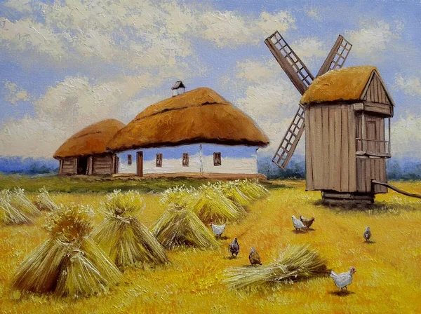 Beautiful Painting Old Ukrainian Village Pastoral Landscape Huts — Stockfoto