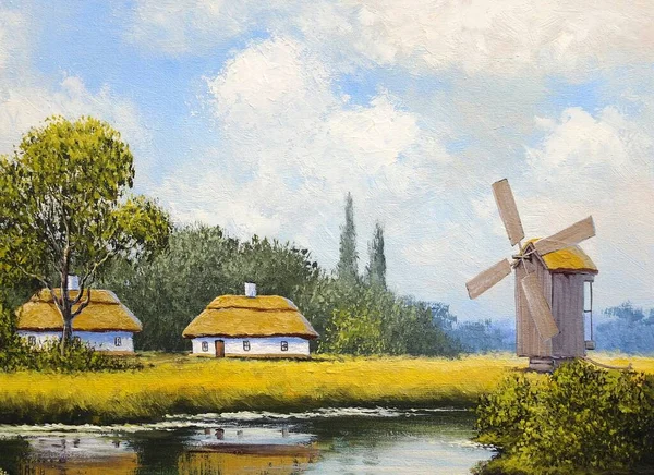 Beautiful Painting Old Ukrainian Village Pastoral Landscape Windmill River Huts — Foto Stock