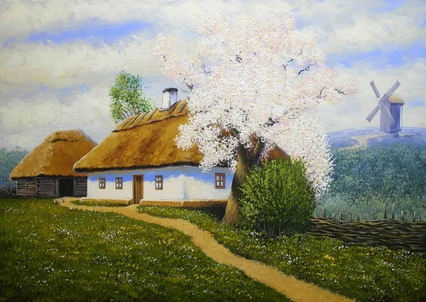 Beautiful Landscape Old Ukrainian Village Pastoral Fields Huts — Φωτογραφία Αρχείου