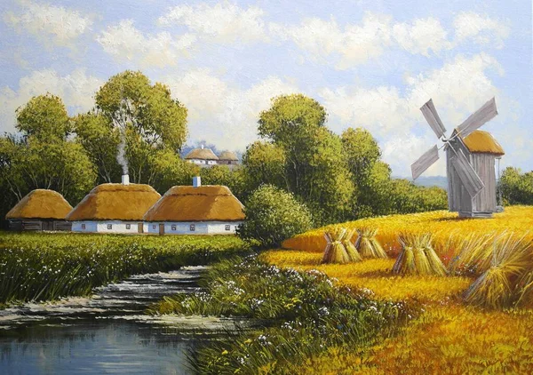 Beautiful Painting Old Ukrainian Village Pastoral Landscape Windmill River Huts — Foto Stock