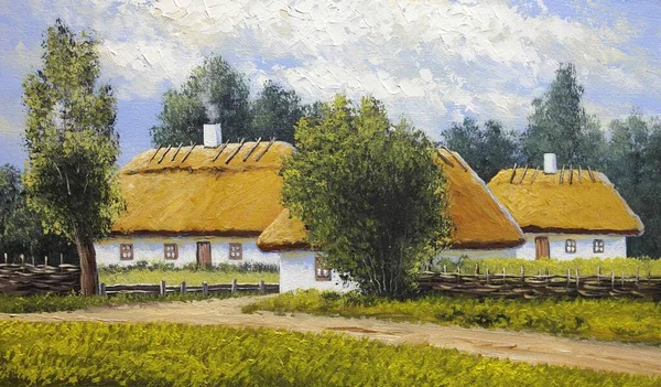 Beautiful Painting Old Ukrainian Village Pastoral Landscape Huts — стоковое фото