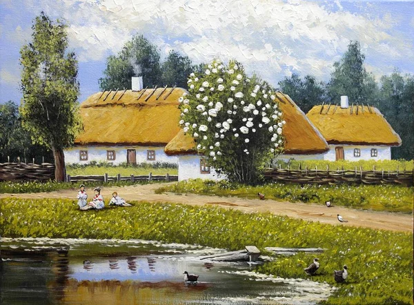 Beautiful Painting Old Ukrainian Village Pastoral Landscape Huts — Stock Photo, Image