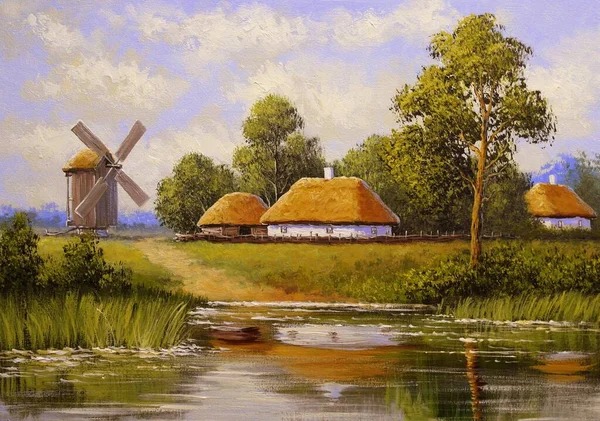 Beautiful Painting Old Ukrainian Village Pastoral Landscape Windmill River Huts — Φωτογραφία Αρχείου