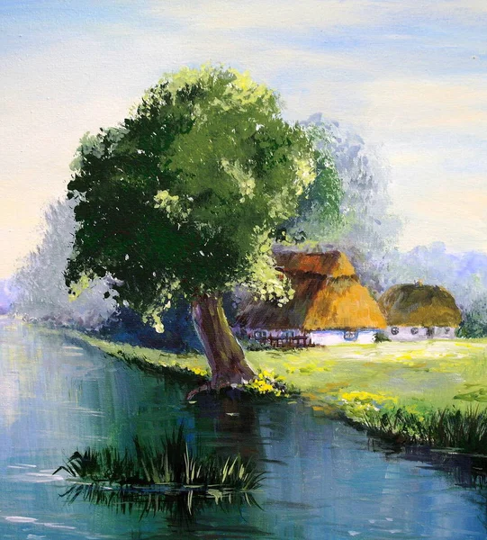 Beautiful Landscape Old Ukrainian Village Pastoral Nature River Huts — Foto Stock